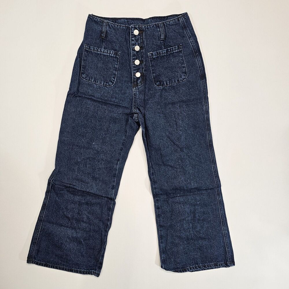 High Waisted Denim Capri Wide Leg Pants Jeans Womens Size M Medium Navy